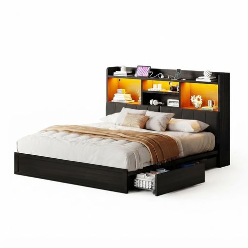 YUMPIE Queen Bookcase Headboard Storage Bed
