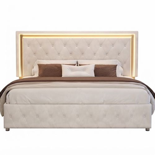 YUMPIE Queen LED Velvet Upholstered Bed Frame