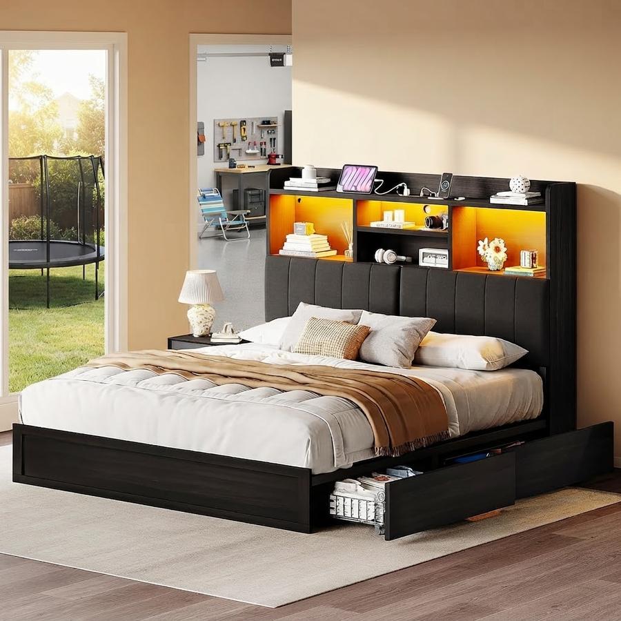 YUMPIE Queen Bookcase Headboard Storage Bed